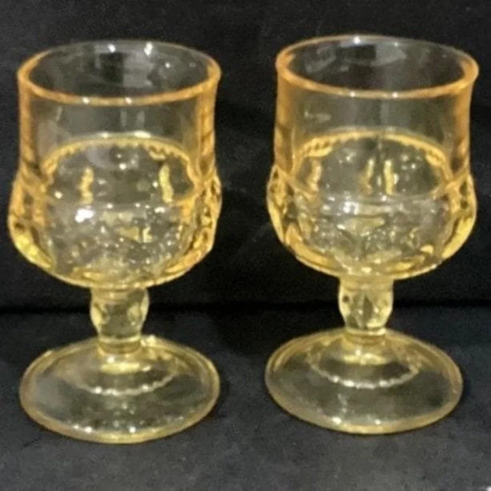 Indiana Glass Kings Crown Thumbprint Goblets, Set of 2, Vintage Yellow Stemware